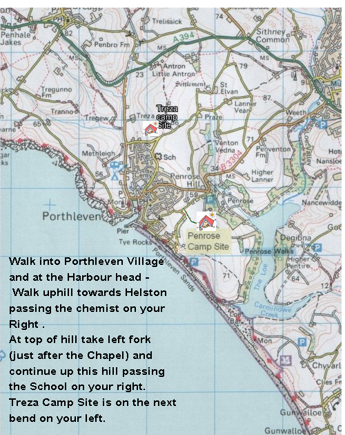 Porthleven map with Treza camp site details