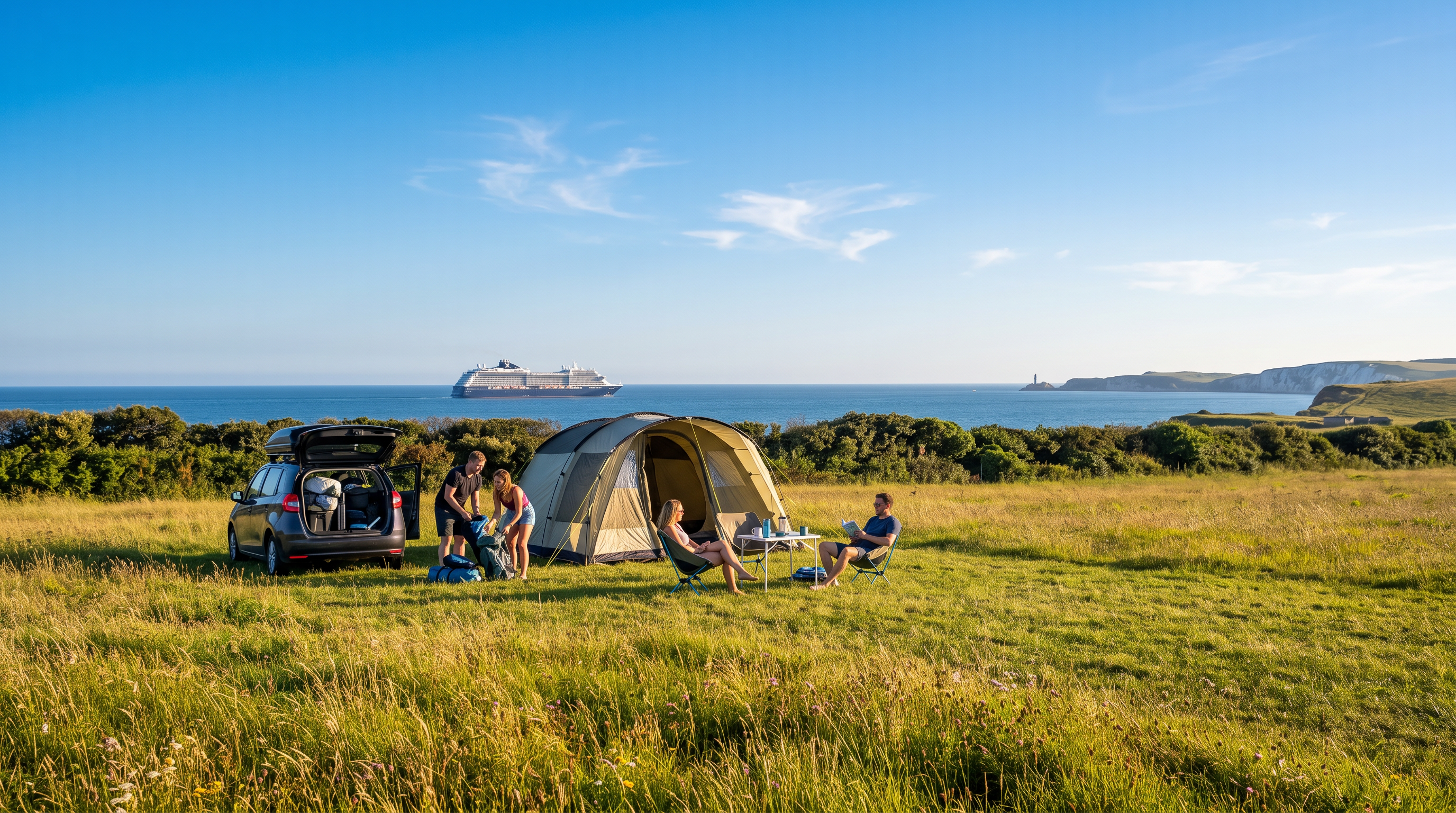Tents pitched in the field at Penrose Camp Site, looking out to sea